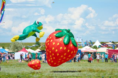 Trykhaty, Mykolaiv bölgesi, Ukrayna - 18 Mayıs 2019: Kitefest, Tryhutty Uluslararası Uçurtma Festivali 2019 Trykhaty, Ukrayna. Yıllık kitefest.