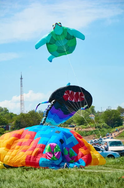 Trykhaty, région de Mykolaiv, Ukraine - 18 mai 2019 : Kitefest, Tryhutty International Kite Festival 2019 dans le village Trykhaty, Ukraine. Kitefest annuel . — Photo