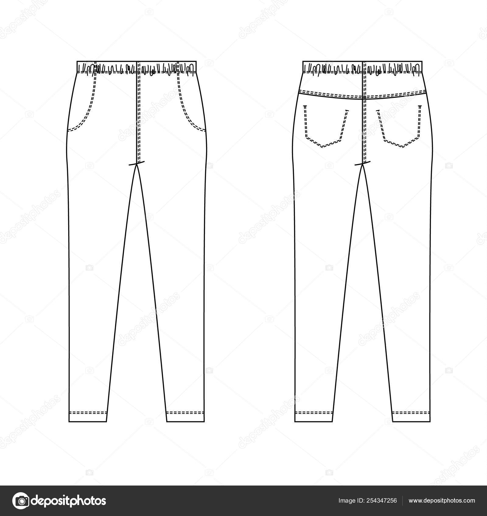 Technical drawing of childrens fashion. Jeans pants with pockets for ...