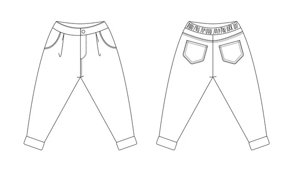 Dibujo técnico de moda infantil. pantalones con pliegues y puños para niños. Vistas frontal y trasera — Vector de stock