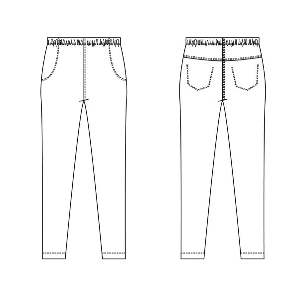 Rysunek techniczny moda dla dzieci. Dżinsy spodnie z kieszeniami dla dzieci. Widok na przód i na tył — Wektor stockowy