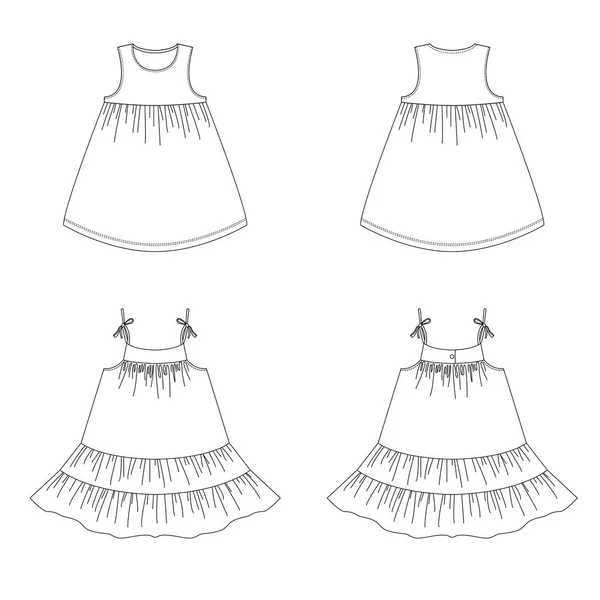 Desenho técnico de moda de crianças. Vestido de verão com um babado para meninas. Vista frontal e traseira Vetores De Bancos De Imagens