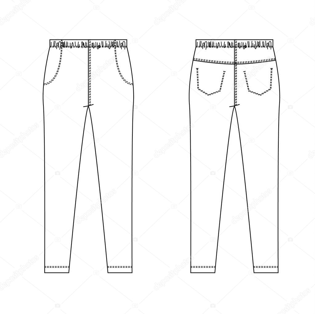 Technical drawing of childrens fashion. Jeans pants with pockets for kids. Front and back views