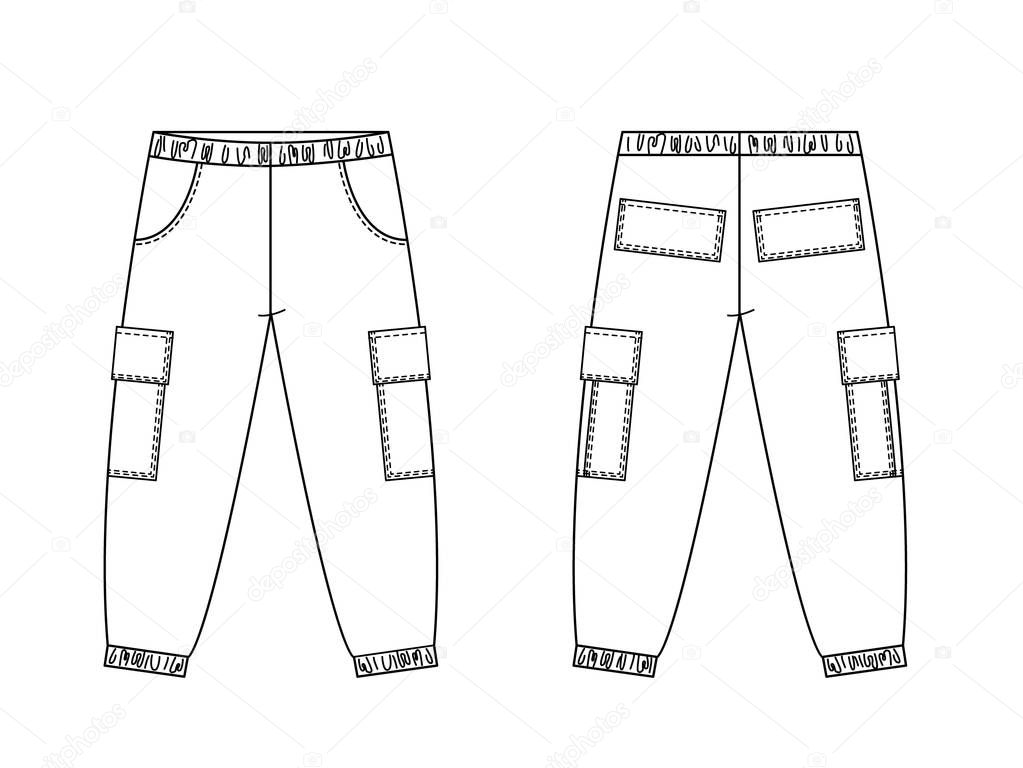 Technical drawing of childrens fashion. Cargo pants with patch pockets for kids. Front and back views