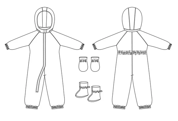 Technische tekening van de childrens winter overall met raglan mouwen. — Stockvector