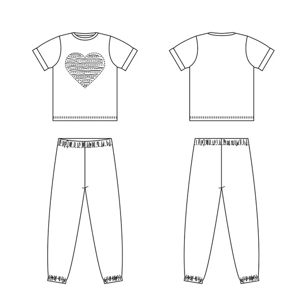 Dibujo técnico de moda infantil. Pijama para niños con corazón — Vector de stock
