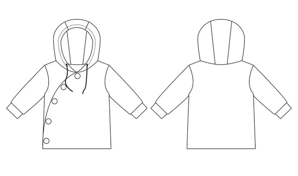 Dibujo técnico de moda infantil, chaqueta infantil con capucha. Vistas frontal y trasera — Vector de stock