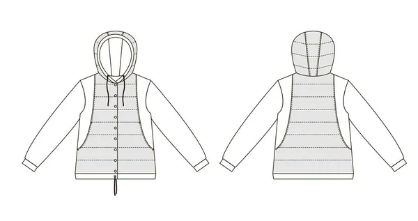 Desenho técnico de moda de crianças, jaqueta de crianças com um capuz e ponto. Vista frontal e traseira —  Vetores de Stock