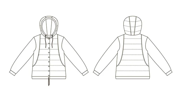 Gambar teknis mode anak-anak, jaket anak-anak dengan tudung dan jahitan. Tampilan depan dan belakang - Stok Vektor