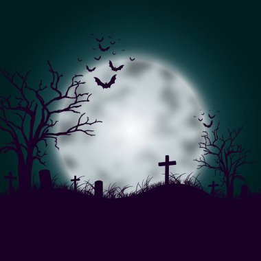 Cadılar Bayramı illüstrasyon dolunay ve mezarlık gece gökyüzü arka plan ile. parti el ilanı tasarımı