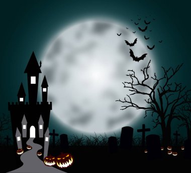 Cadılar Bayramı balkabakları ve mavi ay arka planında karanlık kale, illüstrasyon