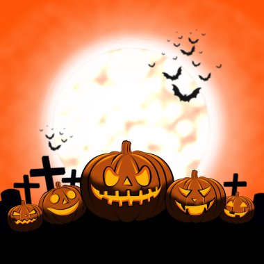 Cadılar Bayramı Balkabağı arka plan büyük ay ve sopayı turuncu gökyüzü ile