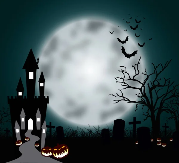 Halloween pumpkins and dark castle on blue Moon background, illustration