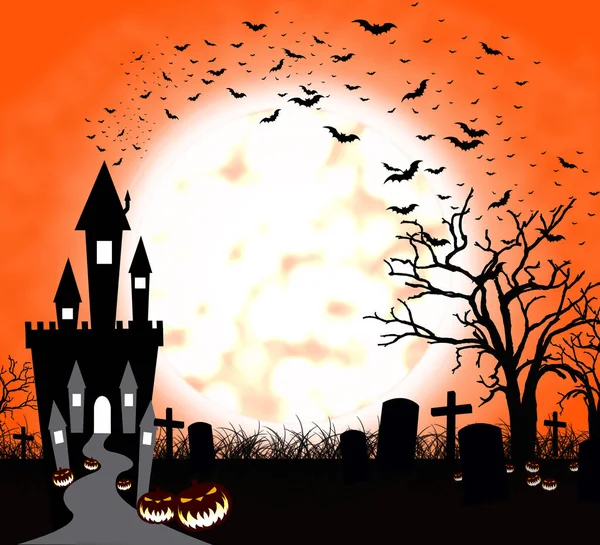 Halloween pumpkins and dark castle on orange Moon background, illustration