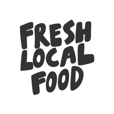 Taze yerel yemek. Sosyal medya içeriği için yeşil ekolojik etiket. Vektör el çizimi illüstrasyon tasarımı. 