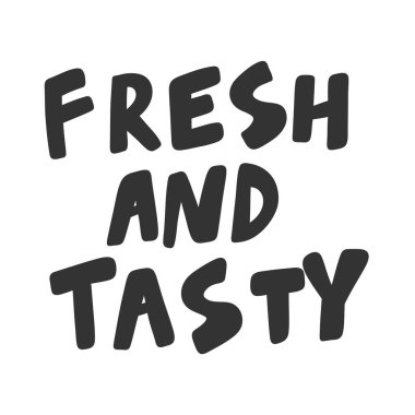 Taze ve lezzetli. Sosyal medya içeriği için yeşil ekolojik etiket. Vektör el çizimi illüstrasyon tasarımı. 