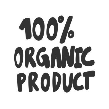 100 organik ürün. Sosyal medya içeriği için yeşil ekolojik etiket. Vektör el çizimi illüstrasyon tasarımı. 