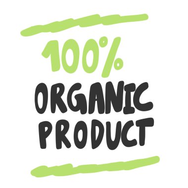 100 organik ürün. Sosyal medya içeriği için yeşil ekolojik etiket. Vektör el çizimi illüstrasyon tasarımı. 