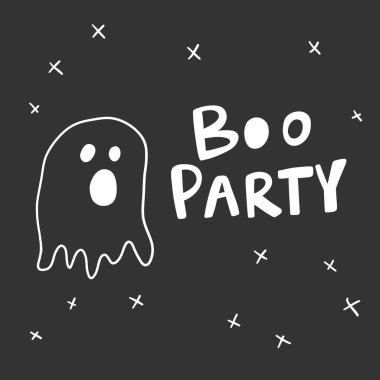 Boo partisi. Sosyal medya içeriği için Cadılar Bayramı Etiketi. Vektör el çizimi illüstrasyon tasarımı. 