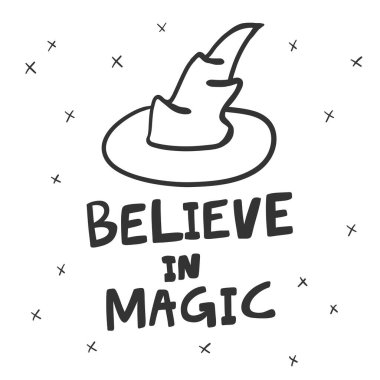 Büyüye inan. Sosyal medya içeriği için Cadılar Bayramı Etiketi. Vektör el çizimi illüstrasyon tasarımı. 