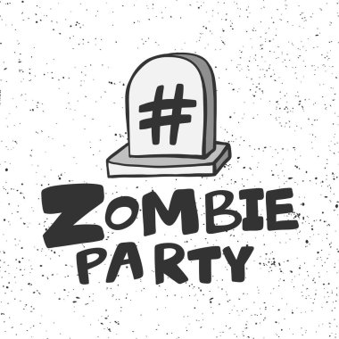 Zombi partisi mezar taşı etiketi. Sosyal medya içeriği için Cadılar Bayramı Etiketi. Vektör el çizimi illüstrasyon tasarımı. 