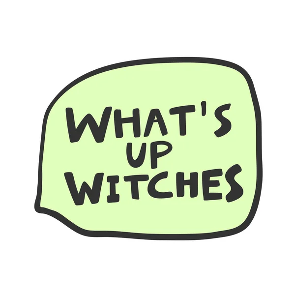 Que se passa, bruxas? Halloween Adesivo para conteúdo de mídia social. Design de ilustração desenhada à mão vetorial . —  Vetores de Stock