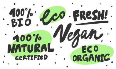 Yeşil eko, sosyal medya içeriği için vegan organik biyo-çıkartma koleksiyonu yiyor. Vektör el çizimi illüstrasyon tasarımı. 