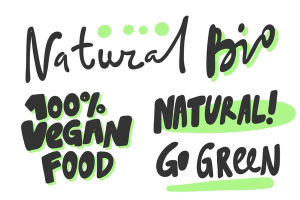 Green eco eat vegan bio Aufkleberkollektion für Social Media Inhalte. Vektor Hand gezeichnet Illustration Design. — Stockvektor