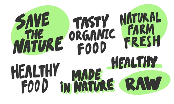 Verde eco comer vegana bio orgánica colección de pegatinas para contenido de las redes sociales. Vector dibujado a mano diseño de ilustración . — Vector de stock