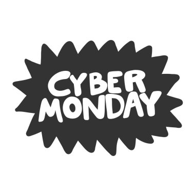 Siber Pazartesi. Çizgi film harfleriyle çizilmiş illüstrasyon etiketi. Çıkartma, video blog kapağı, sosyal medya mesajı, hediye arabası, gömlek baskısı tasarımı kadar iyi..