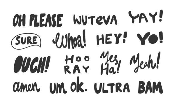 Please, ouch, hooray, bam, ultra, ok, amen. Vector hand drawn illustration sticker collection with cartoon lettering. Good as a sticker, video blog, social media message, gift cart, t shirt print.