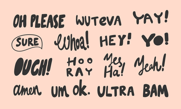Please, ouch, hooray, bam, ultra, ok, amen. Vector hand drawn illustration sticker collection with cartoon lettering. Good as a sticker, video blog, social media message, gift cart, t shirt print.