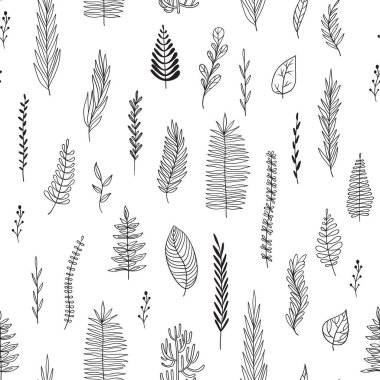 Doğa elementleri kusursuz. Vektör soyut grafik tasarımı. Kusursuz vektör çiçek deseni. Beyaz soyut doku. El çizimi eskiz. Doodle kümesi ögesi.