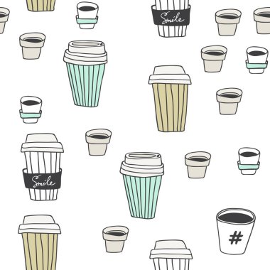 Elle çizilmiş kahve bardakları ile soyut, pürüzsüz desen. Kaotik boyalı elementleri olan güzel modern doku. Web tasarımınız için çok renkli arkaplan, arkaplan, paketleme
