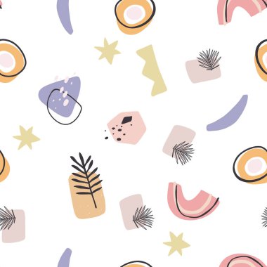 Fırça darbeleri geometrik elementlerle soyut ve pürüzsüz desen. Kaotik boyalı şekilli güzel modern doku. Tasarımınız için çok renkli arkaplan. 