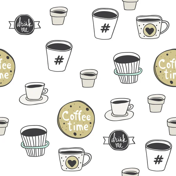 Modello astratto senza cuciture con caffè disegnato a mano per andare tazze. Bella texture moderna con elementi dipinti caotici. Sfondo multicolore per il vostro web design, fondali, avvolgimento — Vettoriale Stock