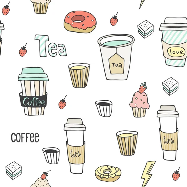 Modello astratto senza cuciture con caffè disegnato a mano per andare tazze. Bella texture moderna con elementi dipinti caotici. Sfondo multicolore per il vostro web design, fondali, avvolgimento — Vettoriale Stock