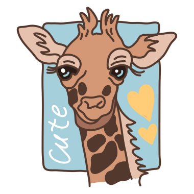 Beyaz ve mavi arka planda bir zürafa kafası, Vahşi Hayvanlar.