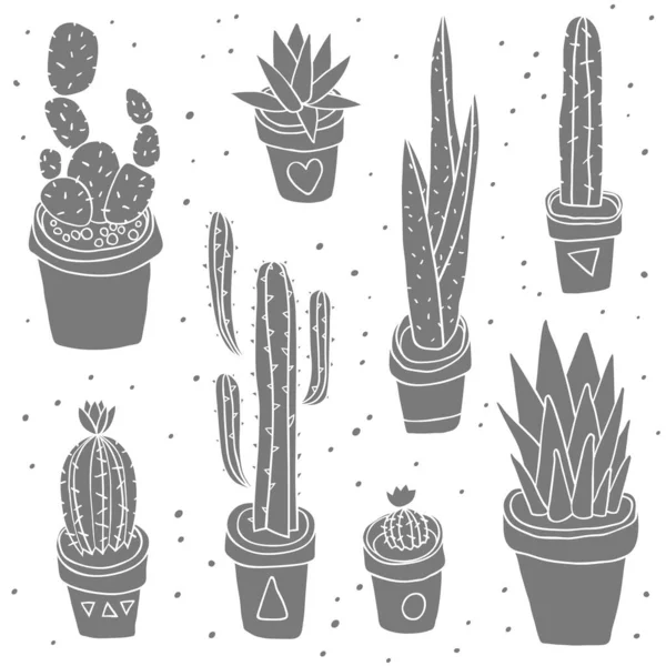 Modello vettoriale senza cuciture con cactus disegnato a mano in vaso bianco. Piante da appartamento. Natura verde. — Vettoriale Stock