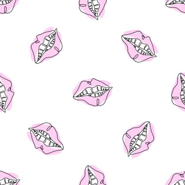 Beyaz arka planda seksi pembe dudakları olan kusursuz bir şekil. Moda konsepti. Moda kumaş baskısı. Kartpostal, duvar kağıdı, şablon dolguları, web sayfası arkaplanı, yüzey dokuları, tekstil.