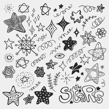 Elle çizilmiş çizgi film yıldızlarıyla vektör ayarlandı. Doğum günü davetiyesi tasarımı ve diğerleri için iyi.