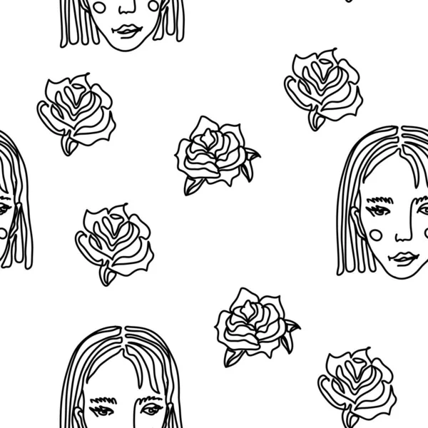 Linha contínua rosto mulheres sem costura padrão - Vector Endless Background Fashion Feminino Retrato uma linha Estilo —  Vetores de Stock