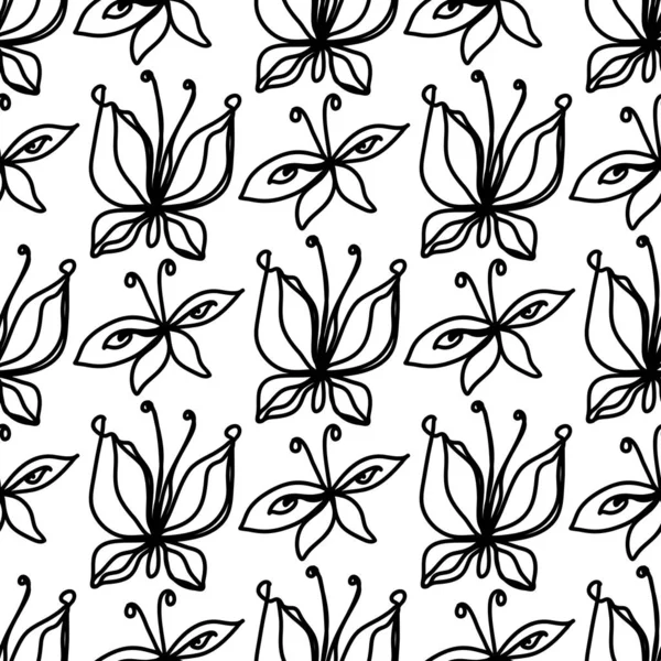 Tekstil tasarımı için siyah, pürüzsüz kelebekli güzel bir karikatür çizimi. Tropikal doğa kusursuz desen. Yaz arkaplanı. — Stok Vektör