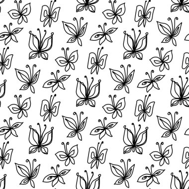 Tekstil tasarımı için siyah, pürüzsüz kelebekli güzel bir karikatür çizimi. Tropikal doğa kusursuz desen. Yaz arkaplanı.