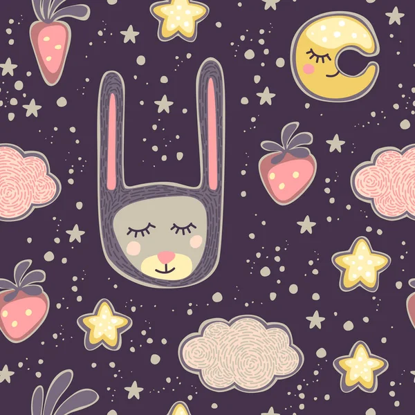 Patrón sin costuras vectorial con personaje dormido en máscara de conejo con orejas. Luna sobre fondo púrpura noche con estrellas y nubes. Bonita zanahoria y fresa — Archivo Imágenes Vectoriales