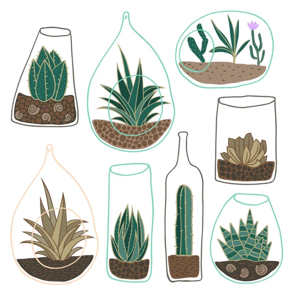 Modello vettoriale senza cuciture con cactus disegnato a mano in vaso bianco. Piante da appartamento. Natura verde. — Vettoriale Stock