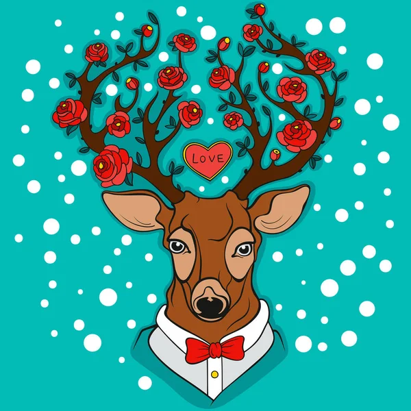 Vector dressed up deer with blooming red roses on antlers. Spring snow and turquoise background — Stock Vector