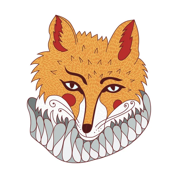 Векторний портрет казкового хвоста червоної лисиці в грилі. Голова тварин на темному нічному тлі з жовтими зірками — стоковий вектор