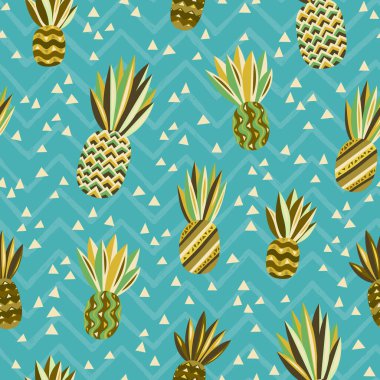 Ananas dikişsiz. Orman duvar kağıdı. Tropik meyve. Brezilya tropik desen. Kumaş arka plan, doku. Yaz tropik yaprakları. Taze meyve..