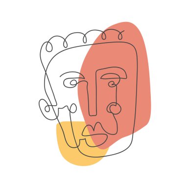 Çizgisel soyut yüzlü modern poster. Devamlı çizgi sanatı. Bir çizgi. Minimalist grafik.